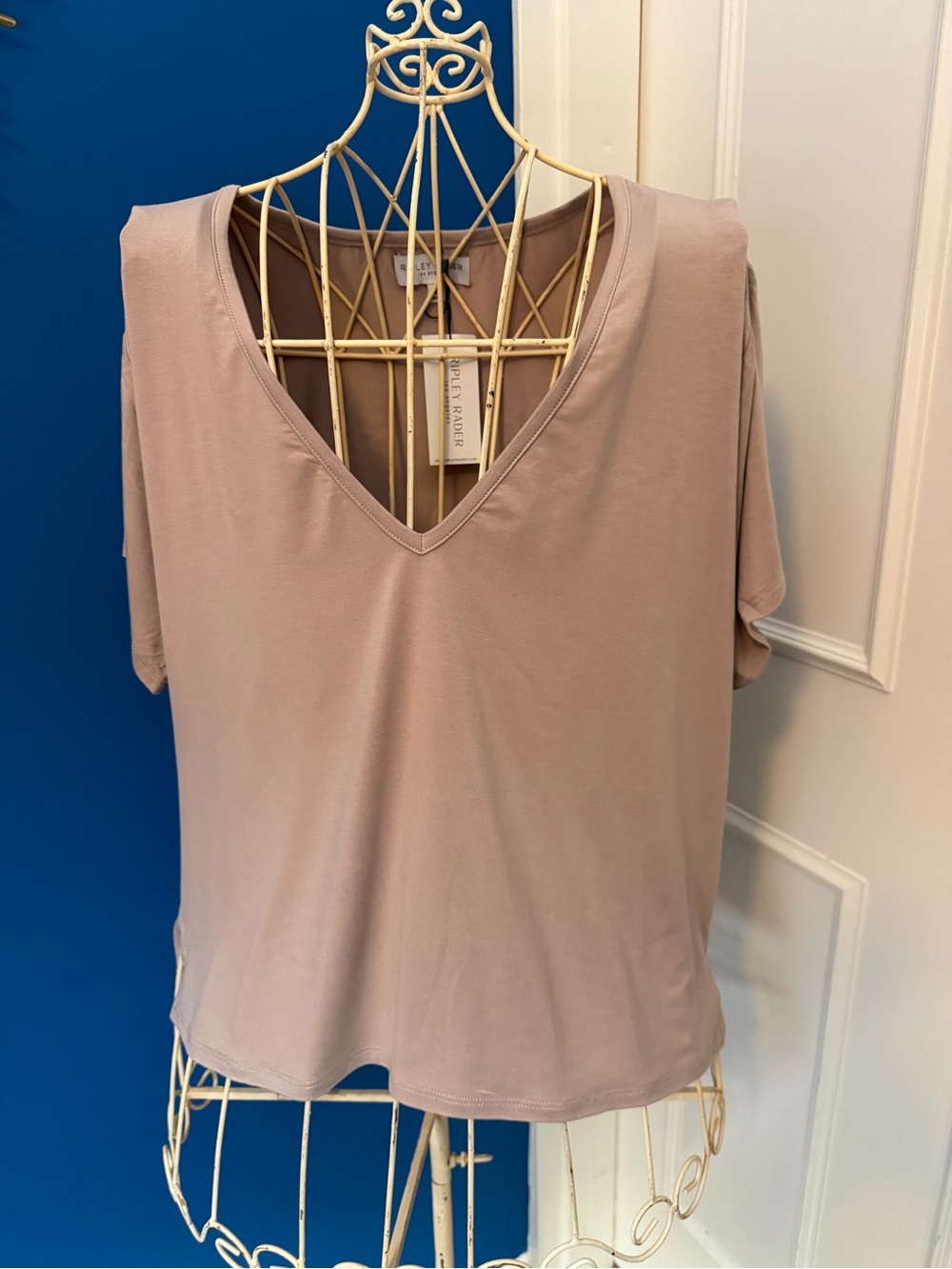 Short Sleeve V-Neck Tee in Taupe by Ripley Rader.